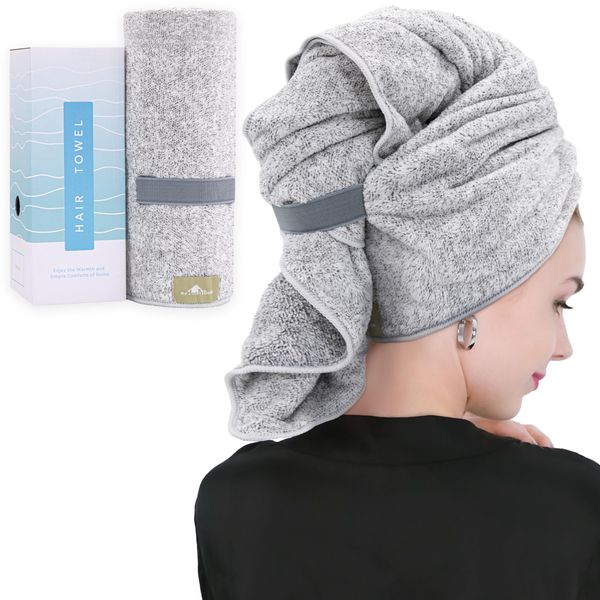 myHomeBody Hair Drying Towel, Hair Wrap Towel, Quick Dry Towel, Hair Towel Wrap for Women Long Hair, Hair Towels for Women, Hair Turbans for Wet Hair with Strap, Gray