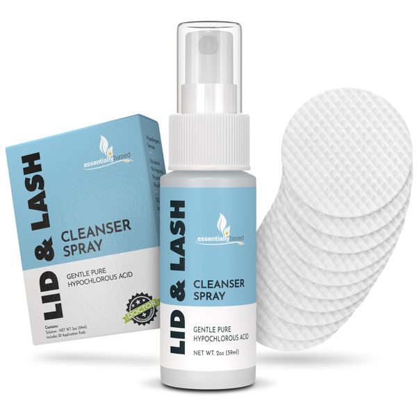 Essentially Based Eyelid Cleanser Kit - 2 oz Eyelids and Eyelash Cleaner - Hypochlorous Acid Spray Solution - Eye Wash Solution with 30 Application Pads - Made in USA