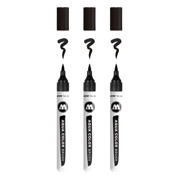 Molotow Aqua Color Brush (Brush Pen Marker auf Wasserbasis, Pinsel Spitze für Aquarellieren und Handlettering) 3 Stück Farbe 022 tiefschwarz