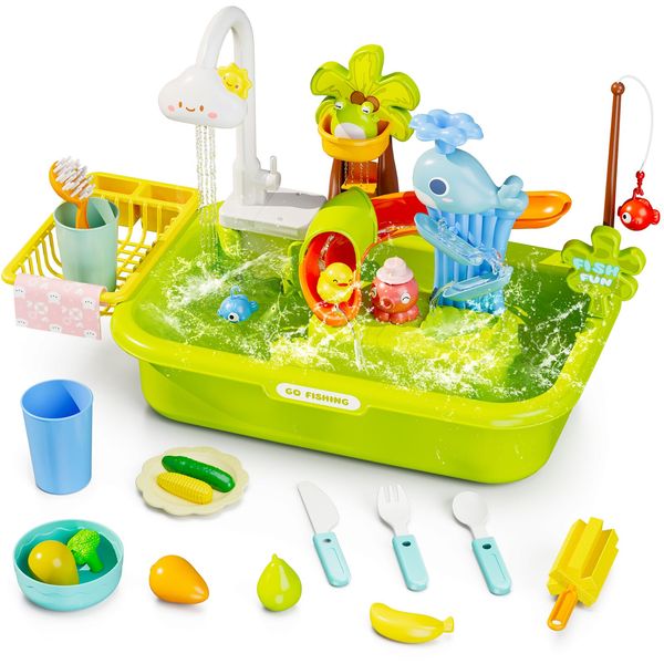 Wee Wonders 3 in 1 Play Sink with Running Water, Play Kitchen Sink Toy with Electric Faucet/Play Food/Pool Toys/Fishing Game, Pretend Play Water Table for Toddlers 3-5, Water Toys for Kids Ages 4-8