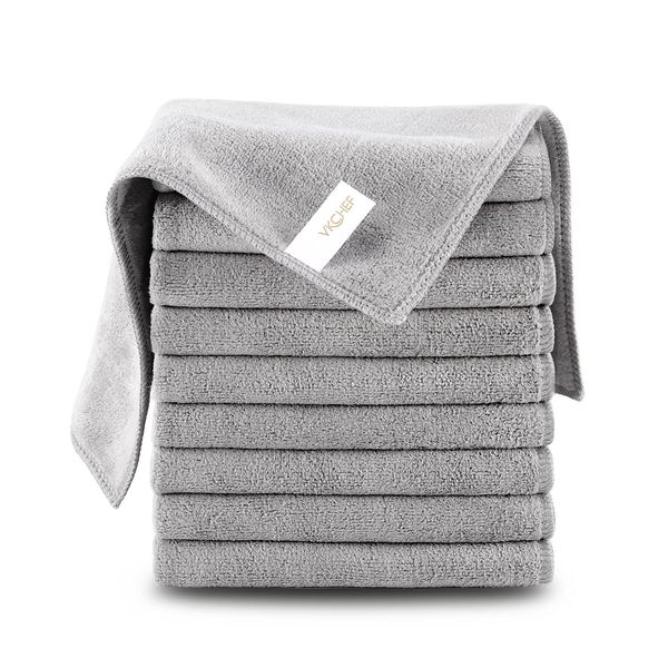 VKCHEF Microfiber Cloth, Dish Towel, Thick, Strong Absorbent, Quick Drying, Cleaning Towel, Commercial Use, Car Wash, Rag, Tableware, Window Mirror, Table Cloth, 10 Pieces, Gray, 11.8 x 11.8 inches