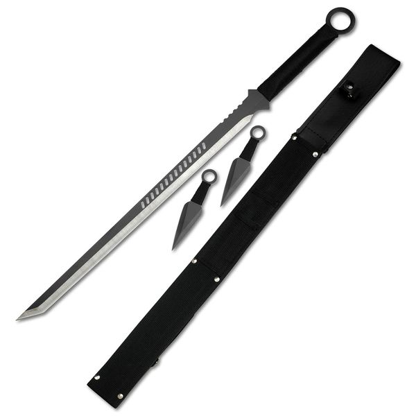 Fantasy Master – 28-inch Black Satin Finish Stainless Steel Sword with Tanto Blade and Set of 2 Throwing Knives, Full Tang Construction, Includes Nylon Sheath, Fantasy, Swords, Collectible – FM-644T