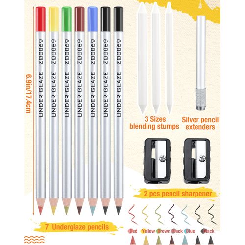 Affrolling 14 Pcs Underglaze Pencil Kits 7 Pcs Multicolor Underglaze Pottery Pen for Ceramics with Blending Stump Pencil Extenders Sharpener Pen Case for Decorating Under Ceramic Pottery Bisque Ware