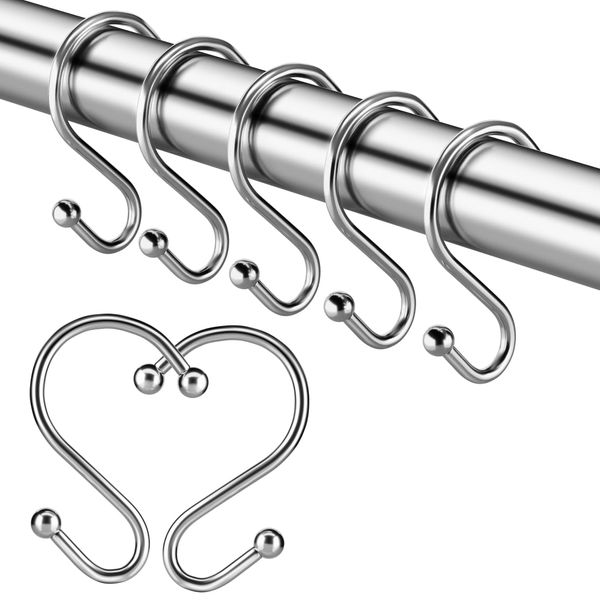 24PCS Shower Curtain Hooks, Silver Shower Curtain Rings S Shaped Hooks, Metal Shower Hooks Hangers for Shower Curtains, Towels, Kitchen, Bathroom, Plants