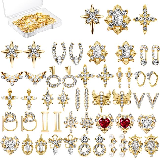 48 Pieces 3D Shiny Nail Rhinestones Luxury Nail Decoration Diamonds Metal Nail Jewelry Nail Beauty Design Charms Gold Heart Nail Gems Nail Design Crystals for DIY Women Nail, 24 Styles