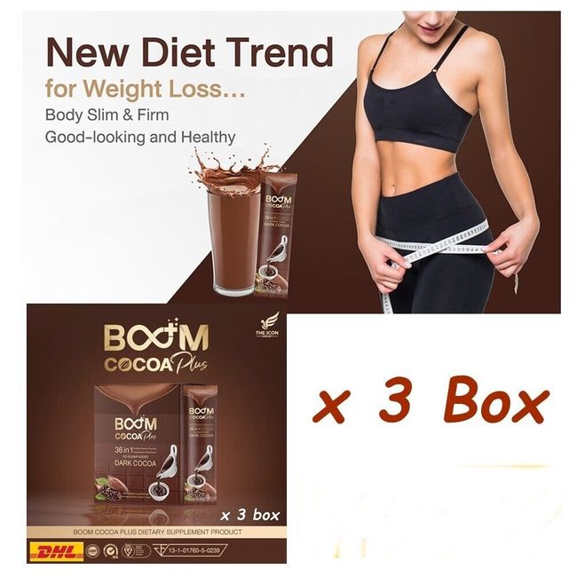 3x BOOM Cocoa Plus 36 in1 Premium Quality Dark Cocoa No Sugar Healthy Wt. Contro