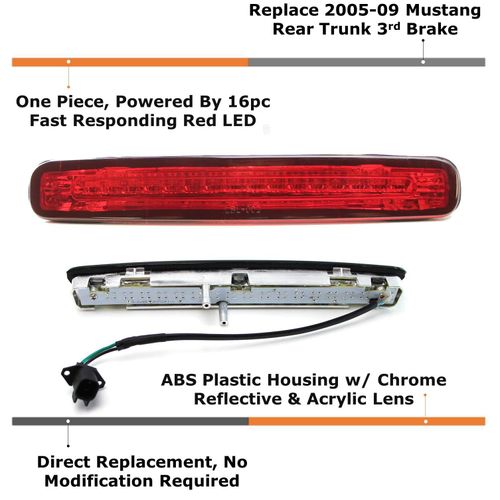 iJDMTOY Red Lens Chrome Reflector Full LED 3rd Brake Light Compatible With 2005-2009 Ford Mustang, Powered by 16 Super Bright Red LED Emitters