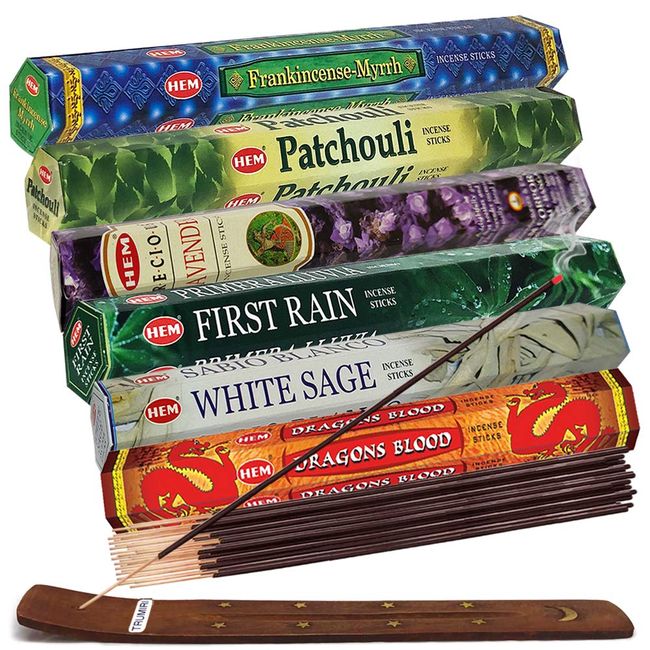 Hem Incense Sticks Variety Pack #23-120 Insence-Sticks (6 Incents x 20 Insenses) and Incense Stick Holder Bundle with 6 Most Liked Fragrances