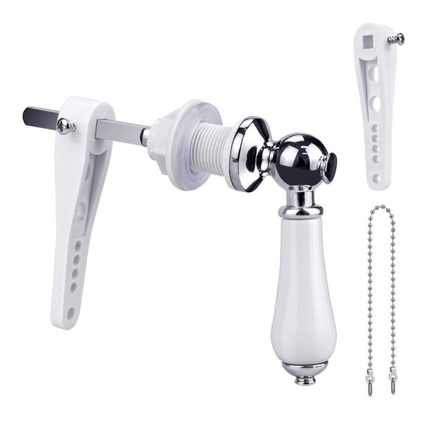 Toilet Flush Handle Replacement, Toilet Cistern Lever Handle +2 Replacement Fittings White Porcelain Vintage Cistern Lever Universal Fit Toilet Cistern Handle Chrome Plated for Toilet Wc Cistern Tank