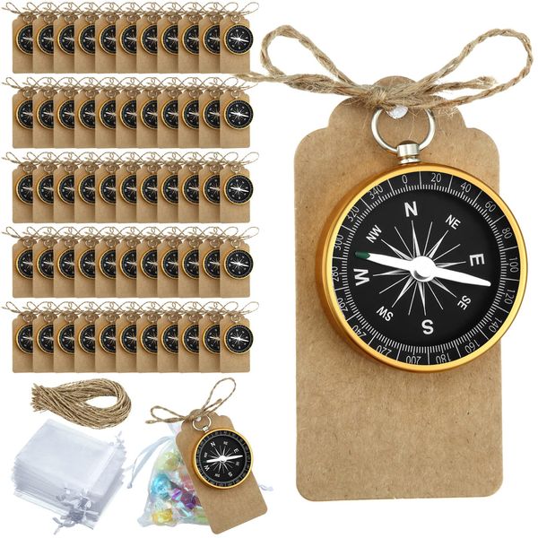 Weewooday 50 Sets Compass Wedding Favors for Guests Souvenir Present Nautical Mini Travel Themed Party Decorations with Kraft Tags and Drawstring Pouch Birthday Christmas Ornament, Silver