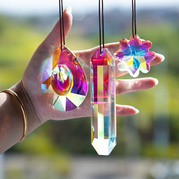 H&D HYALINE & DORA 3PCS Crystal Rainbow Suncatcher,Hanging Aurora Glass Prism for Window,Chandelier Lamp Drops Pendant Home Decor