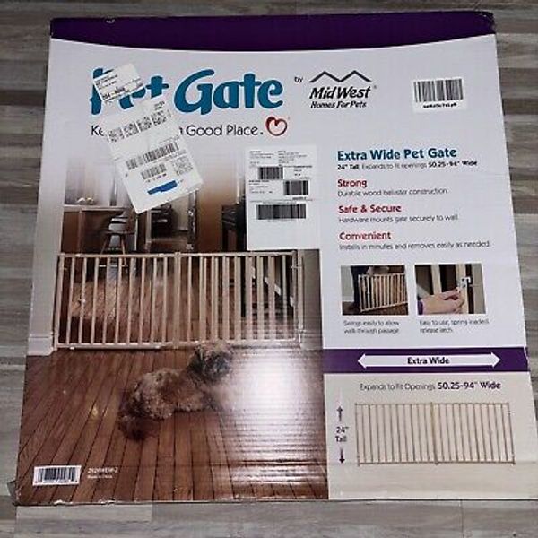 Extra-Wide Wooden Pet Gate 24" Tall Expands 50"-94" Wall Mounts Screw Secure New