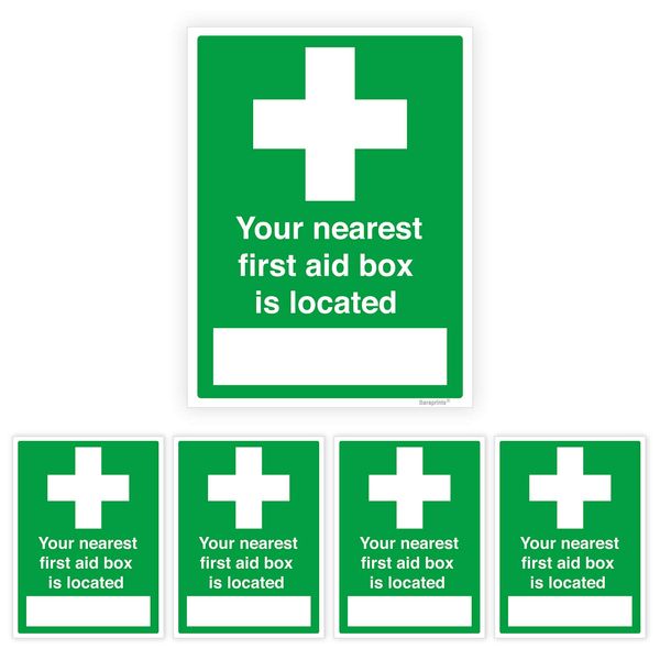 Pack of 5 First Aid Sticker Sign (150 x 200 mm) Self adhesive Waterproof First Aid Kit Vinyl for Hospitals Safty Signs Stickers Sara Prints®