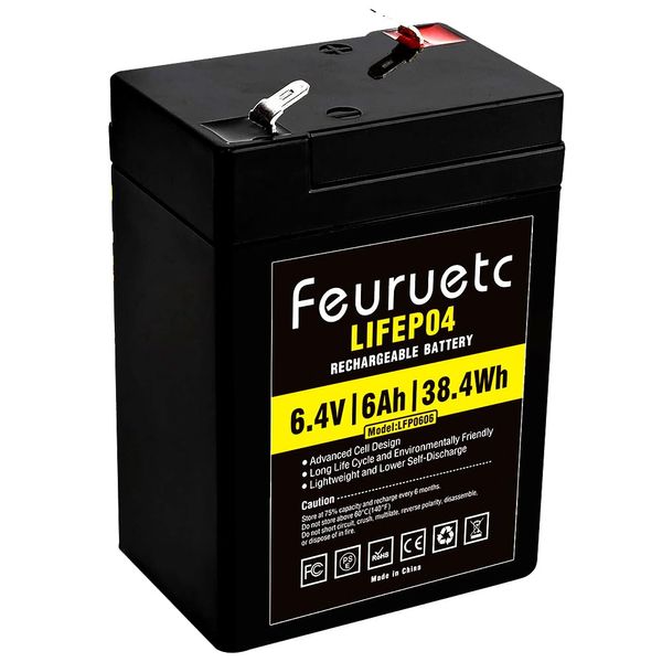 Feuruetc 6V 6Ah LiFePO4 Lithium Battery, 2000 Cycles Rechargeable Lithium Iron Phosphate Battery, Used for Emergency Lights, Lanterns, Kids Ride On Car, Pet Feeders, etc.with BMS (6V 6AH)