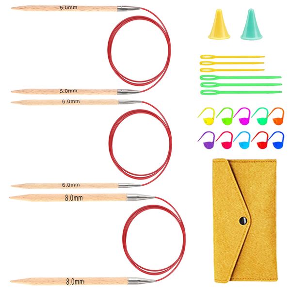 Knitiss Circular Knitting Needles 5.0mm,6.0mm and 8.0mm, Fixed Circular Knitting Pins, Beech Wood Round Knitting Needles with Cable 30"