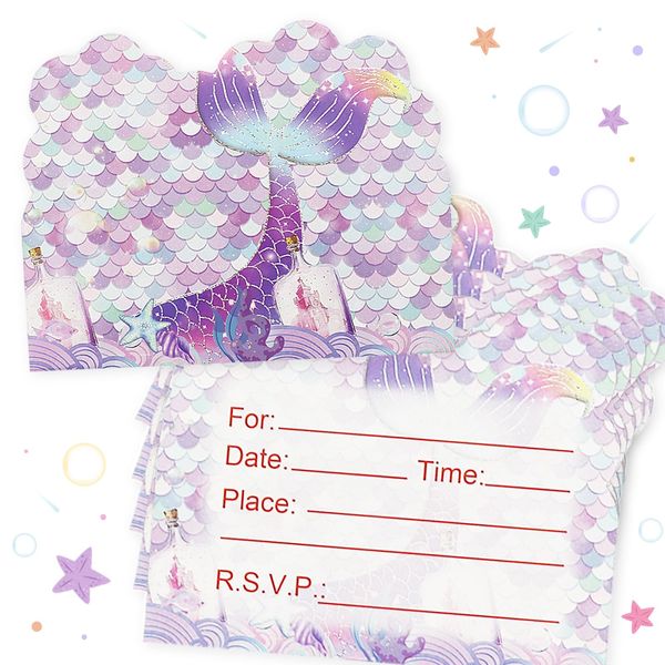 40pcs Birthday Invitations for Girls, Lovely Mermaid Themed Party Invitations Cards, Kids Party Invitations for Girls Double-Sided Printed (Purple)