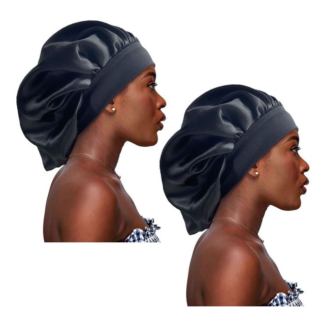 Silk Bonnet for Sleeping, Reusable Satin Jumbo Bonnet for Women to Protect Hair, Black Women Hair Dry Bonnets(Black, 2pcs)