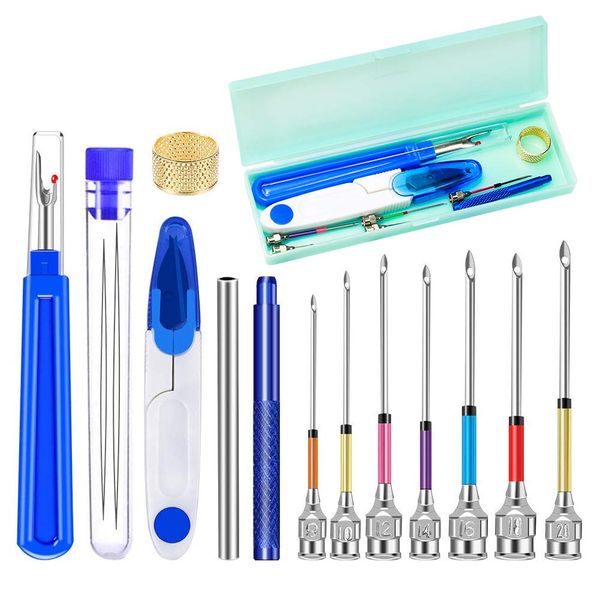 Needle Punch Tool Kit, 16 Pieces Punch Needle Tool, Punch Needle Supplies with Embroidery Tool Case, 2 Sizes Punch Needle Threader with Storage Tube, Big Seam Ripper, Scissors for Floss Poking