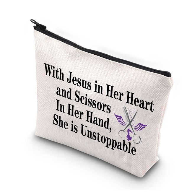 BDPWSS Hair Stylist Makeup Bag for women Hairdresser Gift With Jesus Scissors She is Unstoppable Cosmetology Graduation Gift Cosmetologist Gift (Jesus and scissors)