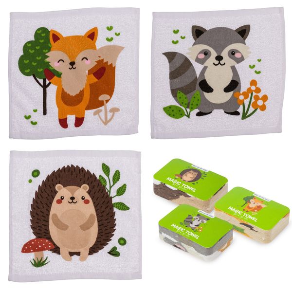 damaloo 3X Magisches Handtuch Kinder mit Tiermotiv - Zaubertuch mit Waldtiere Motiv - Magic Towel für Kids - Magische Handtücher Set für Mädchen & Jungen - Zauber Waschlappen aus Baumwolle 30x30