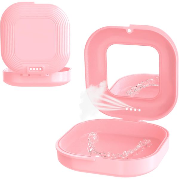 xuanli Slim Retainer Case with Mirror, Mouthpiece Invisaline Compatible, Stylish Denture and Partial Denture Case, Portable Cleaning Included (Pink, Simple Case)