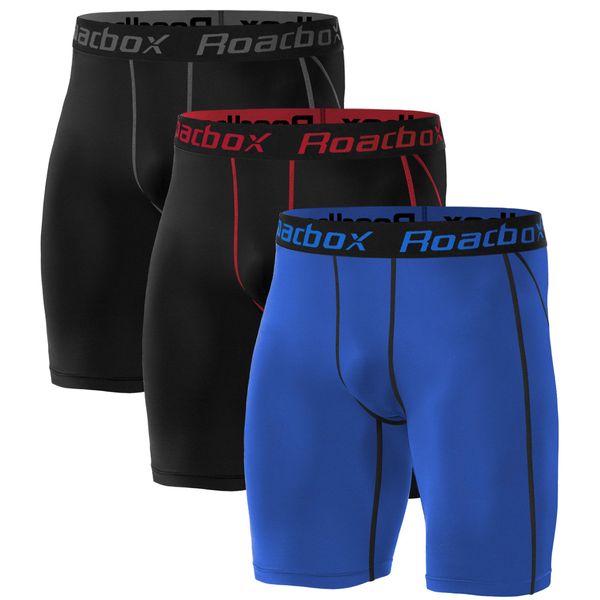 Roadbox Compression Shorts Mens 3 Pack with Pockets, Sports Underwear Quick-Drying Base Layer Shorts for Running, Gym, Shorts, Cycling, Rugby Red