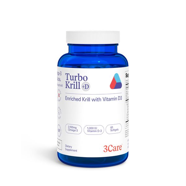 3Care Turbo Krill 2100mg [High Concentrate] Krill Oil Plus 600 IU Vitamin D-3 Cholecalciferol and Astaxanthin Omega 3 Supplement 60 Count Softgel