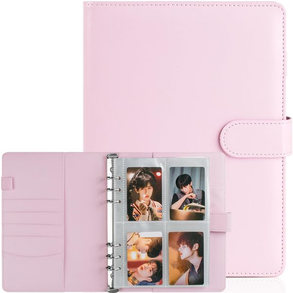 First-zgel A5 Kpop Photocard Binder, 6 Ring Binder Album with 200 Card Slots, PU Leather Binder Cover with Magnetic Buckle Closure for Organizing Trading Cards (Pink)