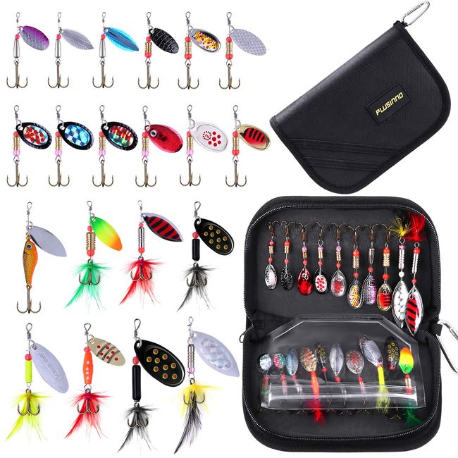 PLUSINNO Fishing Lures for Bass 20pcs Spinner Lures with Portable Carry Bag,Bass Lures Trout Lures Hard Metal Spinner Baits Kit (20pcs Spinner Set with Bag)