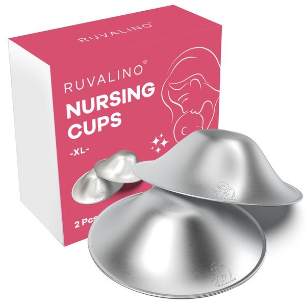 RUVALINO Silver Nipple Shield Breastfeeding - Premium Breastfeeding Silver Cups for Nursing Moms to Protect and Soothe Sensitive Nipples, Safe and Nickel-Free Silver Nipple Cups (XL)