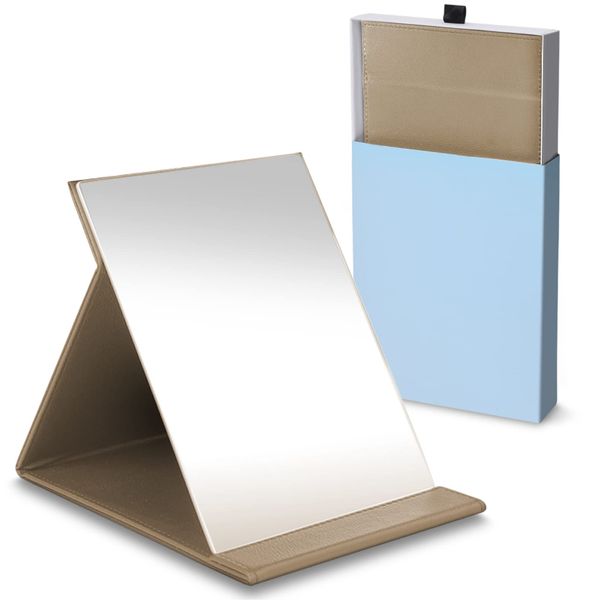 ICHIFUJI Stand Mirror, Tabletop Mirror, Stand Mirror, Cosmetic Mirror, Angle Adjustable, Foldable, (M, Beige)