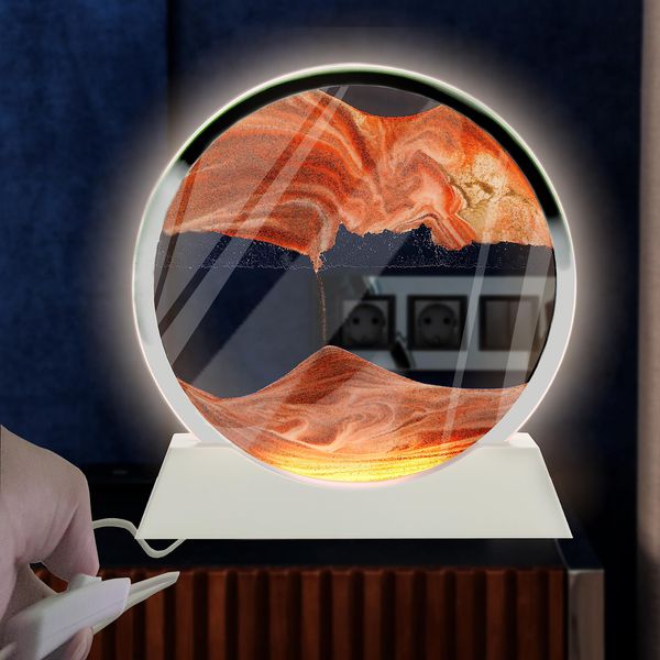 Szoranct Moving Sand Art Lamp Round Glass Flowing Sand Frame, Sand Art Liquid Motion and 3D Deep Sea Moving Sandscapes, for Office Desk Decor in Calming Corner (7", Yellow with Light)