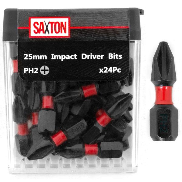 Saxton 24x PH2-25mm Impact Duty Phillips Screwdriver Drill Driver Bits Sets Tic Tac Box fits Dewalt Milwaukee Bosch