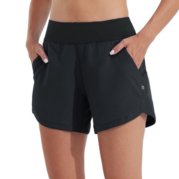 WILLIT Damen 5" Badeshorts Boardshorts UPF50+ Badehose High Waisted Schwimmshorts Badehose Schnell Trocknende UVA Schutz mit Liner Taschen Schwarz Größe 36