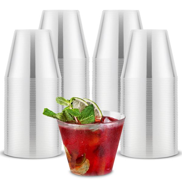 Stock Your Home 9 oz Clear Disposable Plastic Cups (200 Pack) Elegant Tumblers Glasses for Parties, Weddings, Holidays, Dessert Tumbler, Bulk Drinking Cup for Fruit Punch, Cocktails, Wine