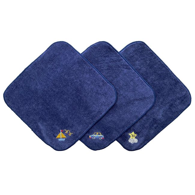 Imabari Towel x Smilish Navy Mini Towel Handkerchief Boys 3 Piece Set with Name Space (Syacht, Car & Smiley Star)