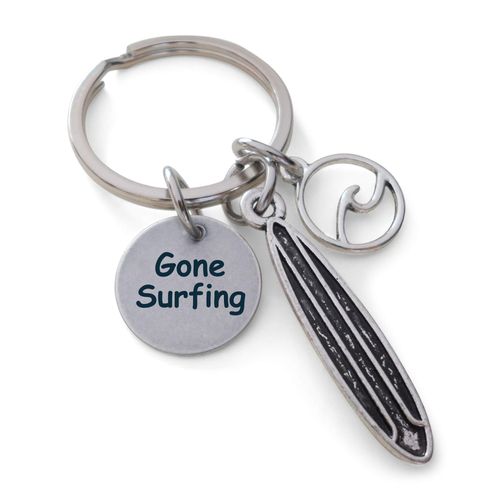 Custom Keychain with Engraved Tag and Surfboard & Wave Charm for Surfer, Couples or Best Friends, Anniversary Gift Keychain