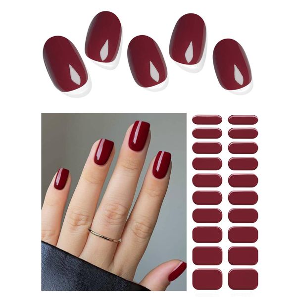 AutyaMee Semi Cured Gel Nail Strips (Dark Red)-20 PCS Wine Red Gel Nail Stickers Kit | Works With UV Light | Gel Nail Wraps, Salon Quality & Easy To Use