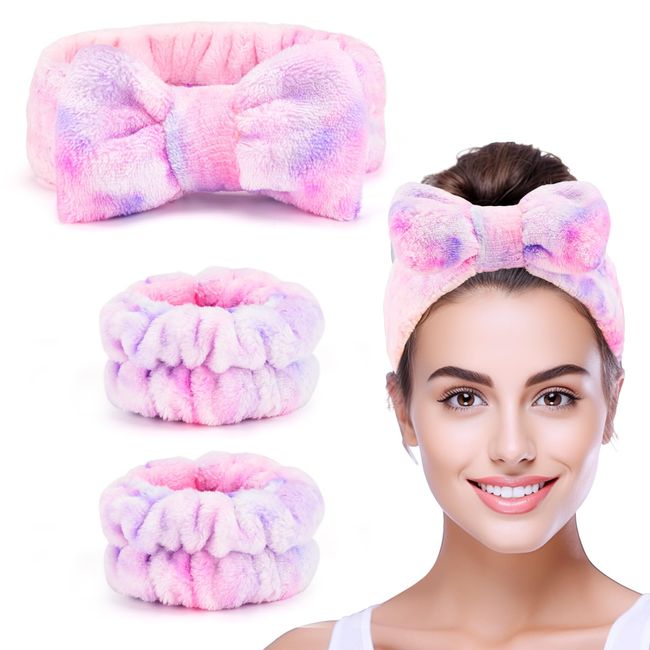 XMOSNZ Spa Headband for Washing Face Microfiber Spa Headband for Makeup Headband with Bow Skincare Headbands Wristband Set for Women Elastic Headband to Wash Face Skincare Cosmetics Shower