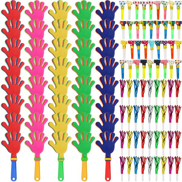 Yunsailing 112 Pcs Party Noise Makers Bulk Include Hand Clapper Noisemaker for Sporting Events Fringed Paper Blowouts Musical Party Blowers for Kids Adults Pep Rally Birthday Party Favor