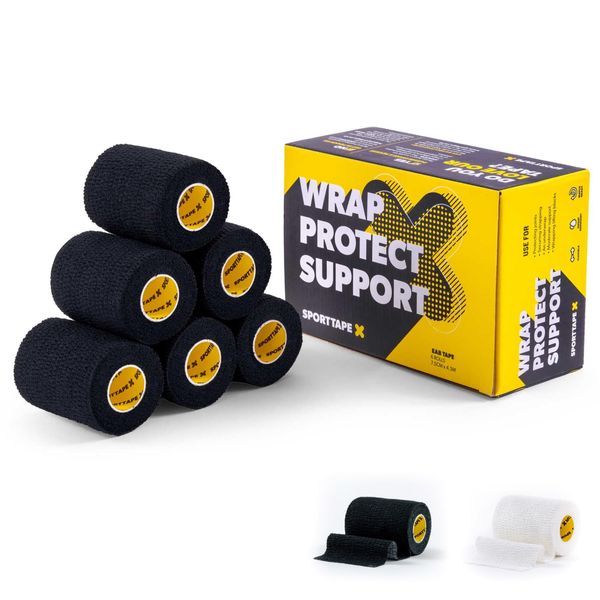 6 Rolls - SPORTTAPE EAB Tape | 7.5cm x 4.5m - Black - Tearable Elastic Adhesive Bandage | Rugby Lifting Tape, Tear Light Strapping Tape for Medical, Lifting Blocks, Knee Strapping, Elbow & Wrist