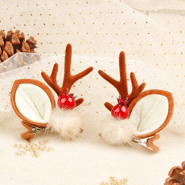 Christmas Hair Clips Deer Horns Ears Hairclips Cute Reindeer Antlers Hairpins Christmas Barrettes Xmas Headpiece Berries Mink Fur Headdress for Women Girls Kids Adults, and Party Favors (Brown)