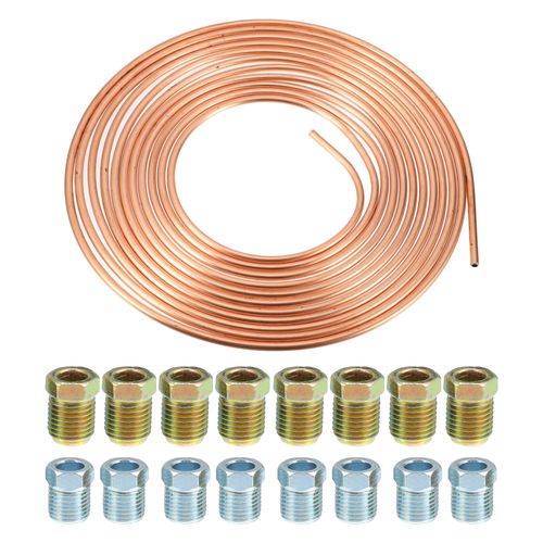 uxcell 1 Set 25 Ft of 5/16 Inch OD Brake Line Tubing Kit Flexible Copper Coated Brake Line Tube Roll Coil with 16 Inverted Flare Fittings