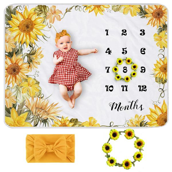 Yoothy Sunflower Baby Monthly Milestone Blanket Girl, Floral Newborns Month Blanket Gift for Baby Shower, Soft Plush Photo Prop Blanket, Wreath &Headband Included, 45''x40''