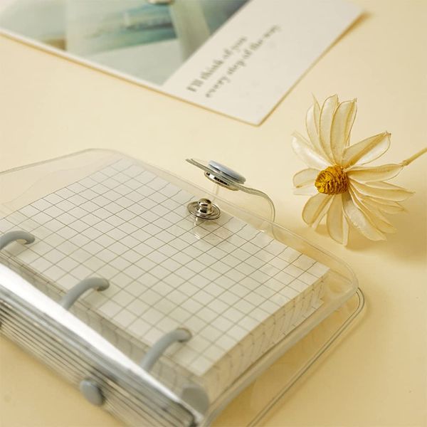 Notepad, Mini Organizer, Pocket Size, Clear Binder Set, PVC Clear Material, 3 Holes, Grid, 50 Sheets of Paper, Buttons, Cute Notebook, Interchangable, Mini Binder, DIY Notebook, Gift, Collage Notebook, Stationery Supplies, MOMI