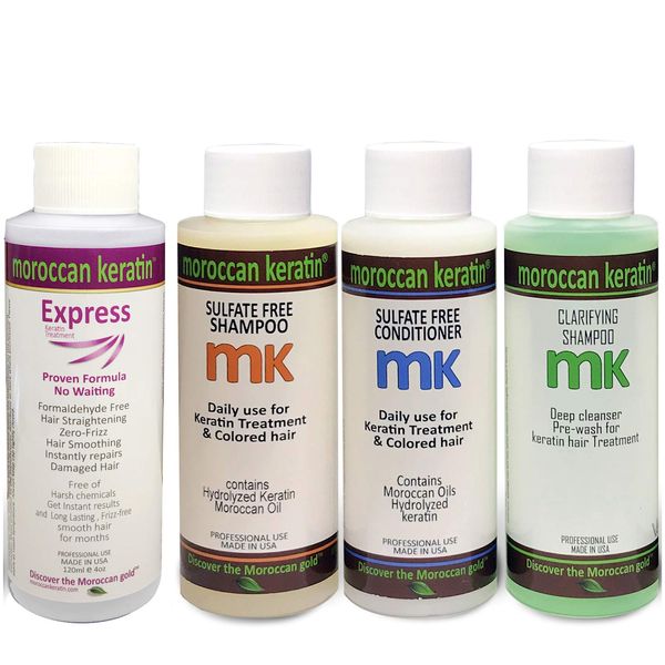 Moroccan Keratin Express Smoothing Straightening Hair Treatment Formaldehyde Free No-Wait Formula Instant Results 120mlx4 with Clarifying Shampoo, Sulfate-Free Shampoo and Conditioner