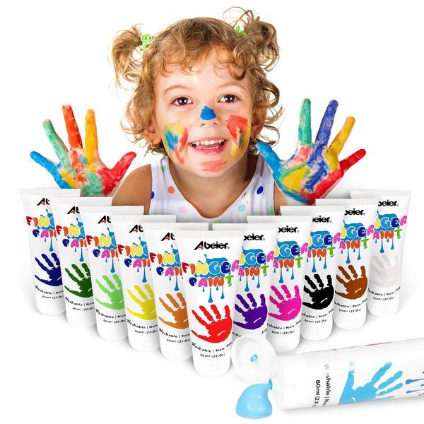 ABEIER Washable Finger Paint for Toddlers, Safe Non-Toxic, 12 x 2oz Vibrant Colors, Baby Safe Paint for Hand and Feet, Mess Free Art Supplies for Kids, Preschool Learning Gifts, Ages 1-3 4 5 6+