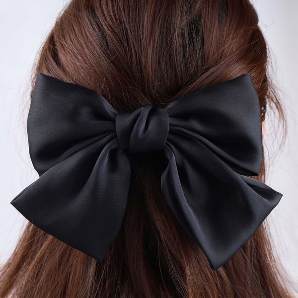 Sttiafay Vintage Bow Hair Barrette Big Bow Hair Clips Headwear Silk Hair Tail Clip Black Bow Barrette Hair Bowknot Headdress for Women and Girls