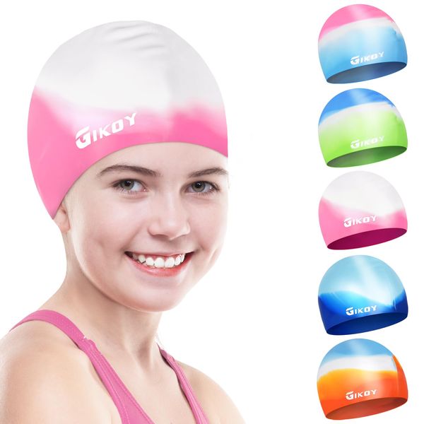 GIKOY Badekappe Kinder Lange Haare, Schwimmkappe für Mädchen Jungen im Alter von 5 bis 14 Jahren, 3D Dehnbare & Bequeme Badehaube, Silikon wasserdichte Schwimmhaube, Pink, S