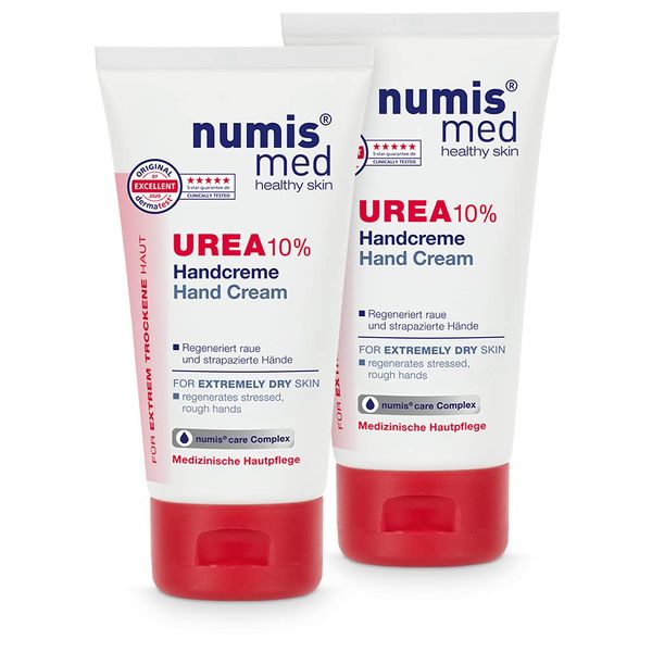 numis med Handcreme mit 10% Urea - 2er Pack Hautberuhigende Hand Creme für sehr trockene & strapazierte Hände - vegane Hautpflege ohne Silikone, Parabene & Mineralöl (2x 75 ml)